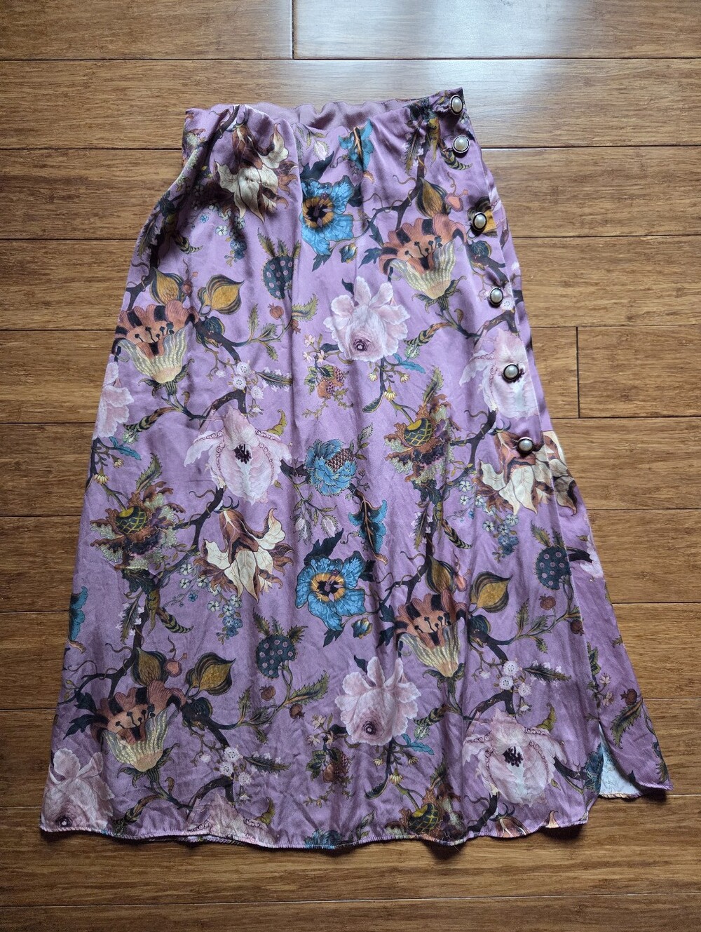 100% Mulberry Silk Floral Side Button Midi Skirt Purple Boho Cottagecore Small